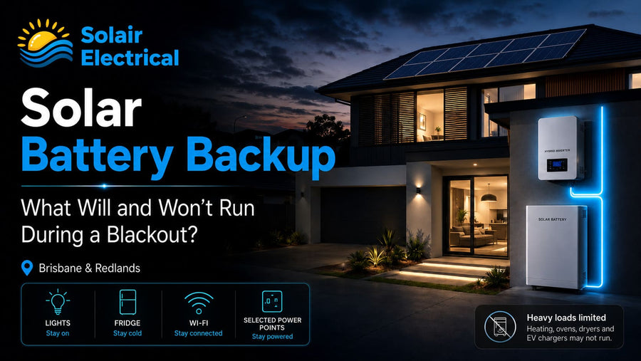 Solar Backup Battery main blog image showing solar panels on a roof, with a hybrid inverter and battery