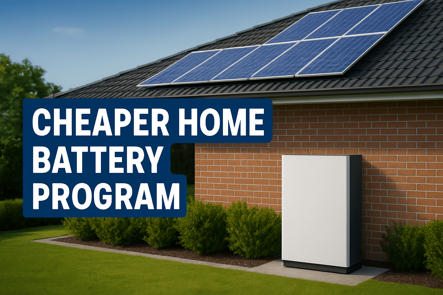 Cheaper home battery program banner showing solar panels on a roof and battery below. image created with ai