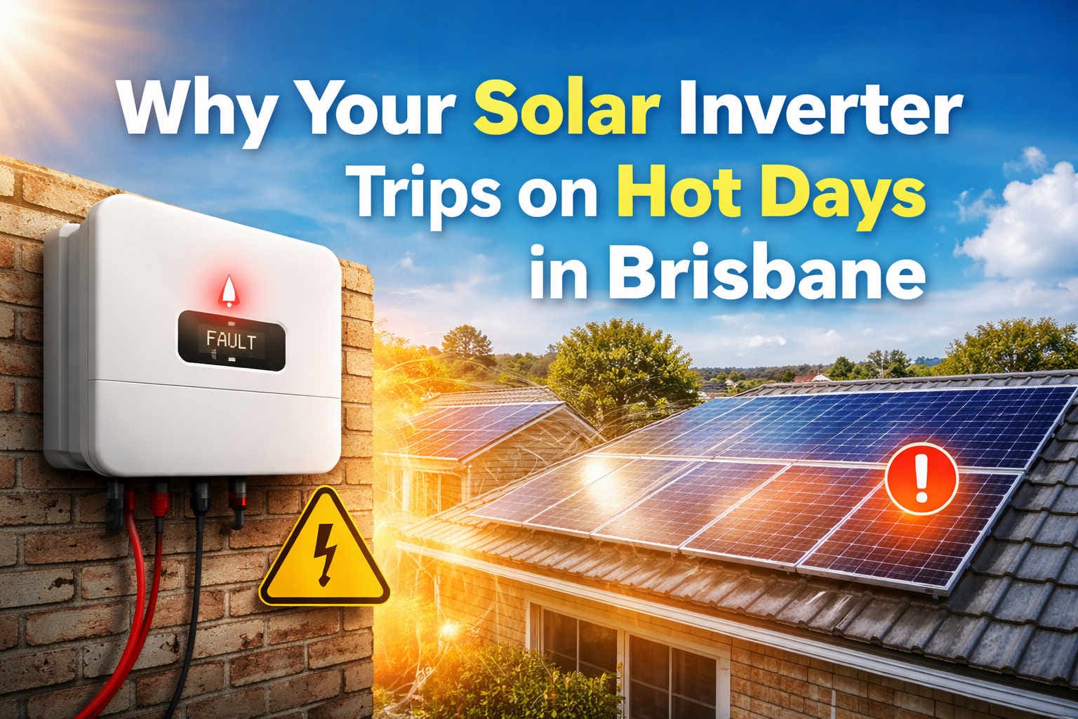 Solar inverter with an fault with text saying Why your solar inverter trips on hot days in Brisbane