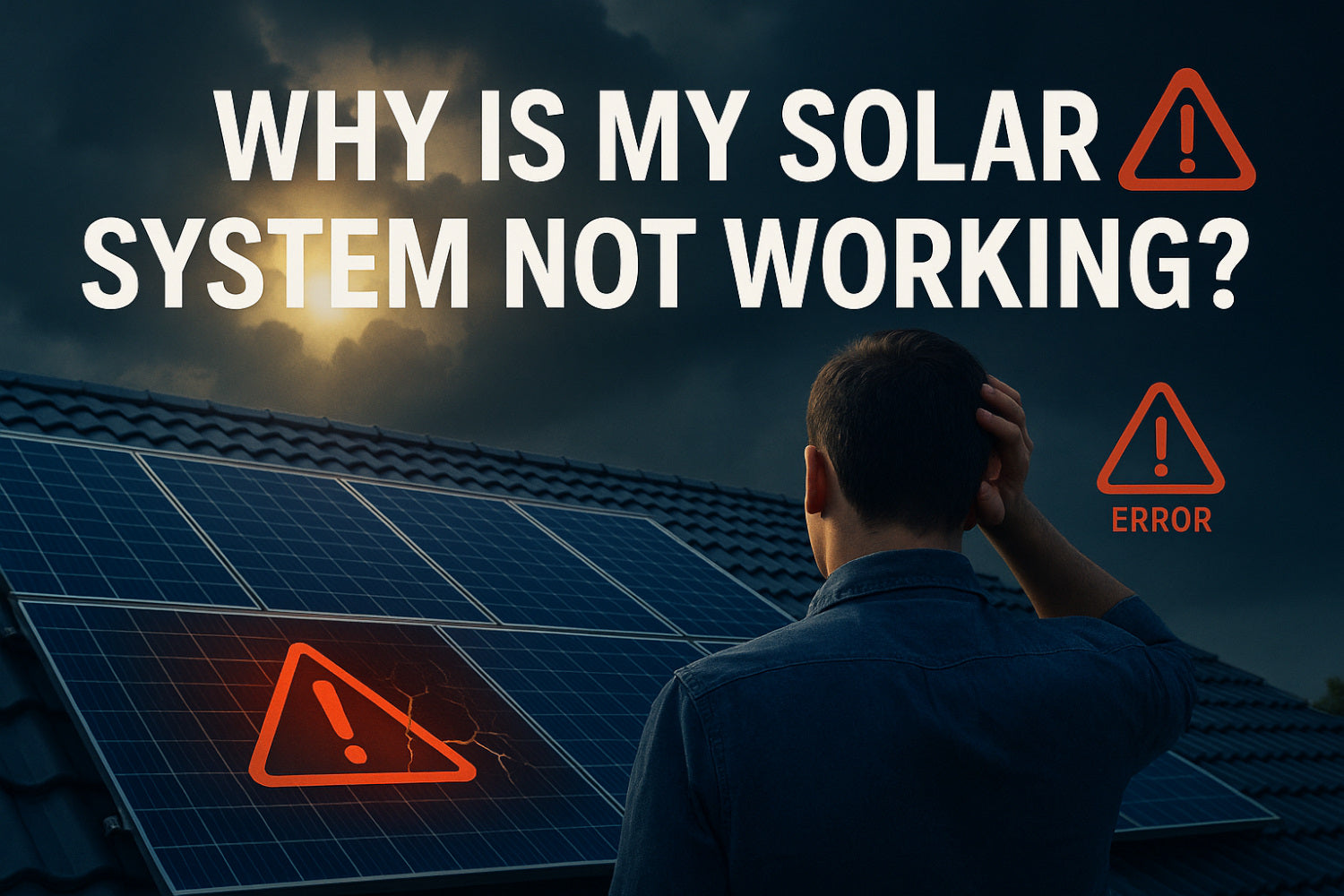 Banner photo of a man looking at his solar panels that are no longer working. image generated by ai