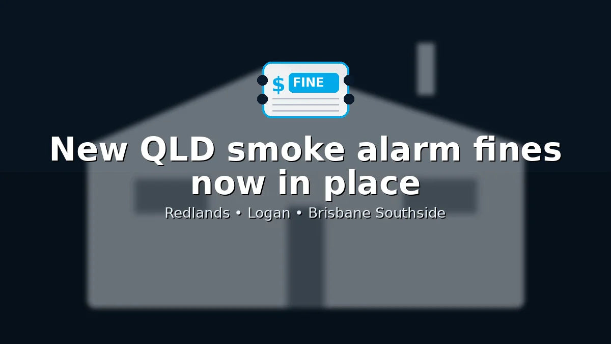 New QLD smoke alarm fines now in place – hero banner with faded house background and fine ticket icon for Solair Electrical (Redlands, Brisbane & Logan).