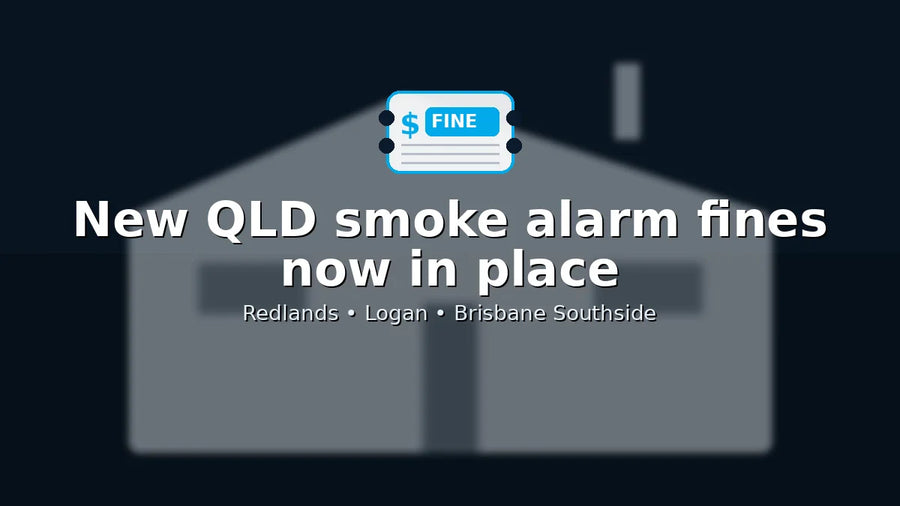 New QLD smoke alarm fines now in place – hero banner with faded house background and fine ticket icon for Solair Electrical (Redlands, Brisbane & Logan).